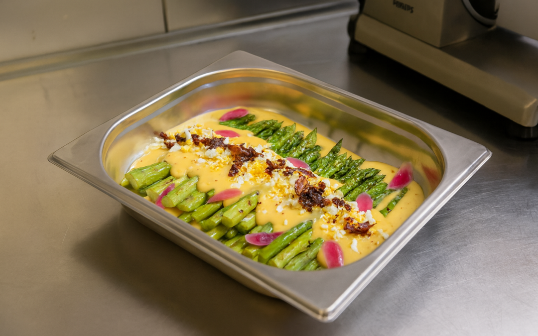 Gegrilde groene asperges met hollandaisesaus, ei en pancetta