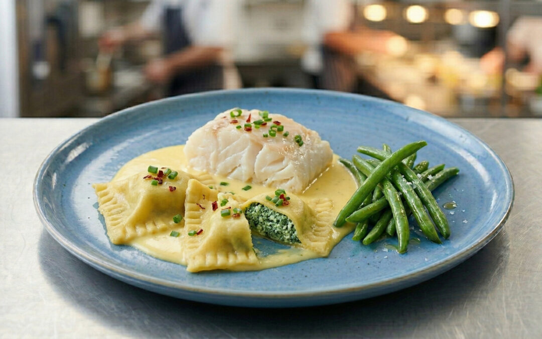 Cabillaud, pansotti, sauce hollandaise et haricots verts