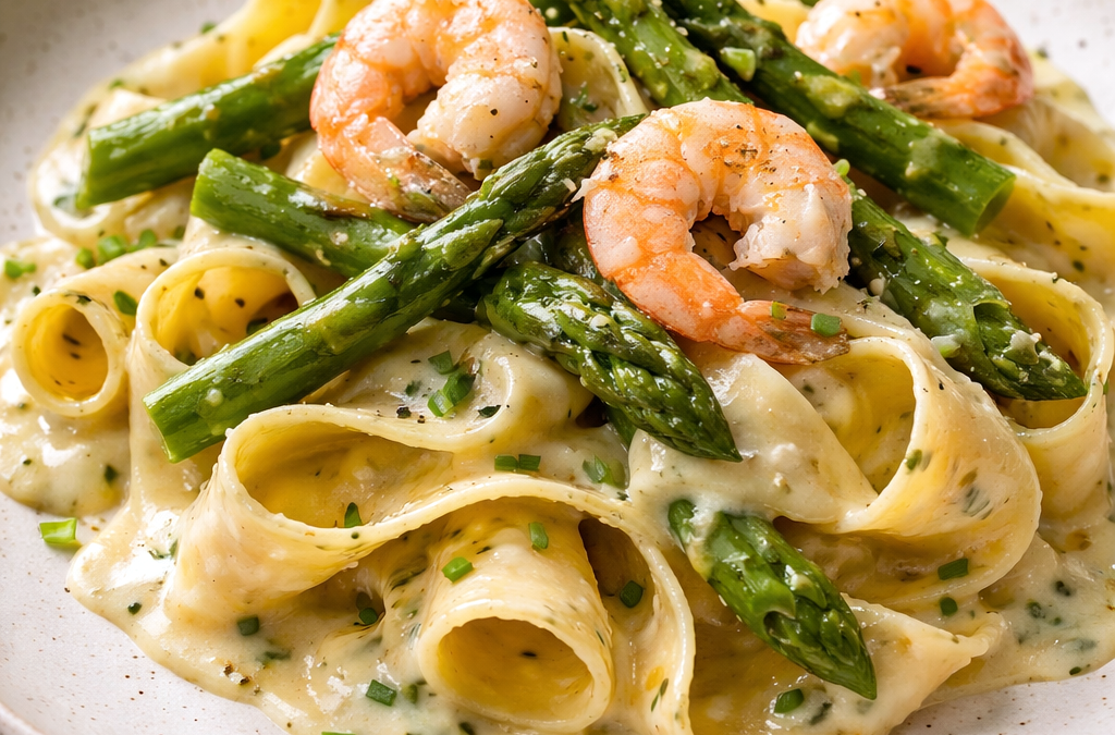 Pappardelle aux crevettes et aux asperges