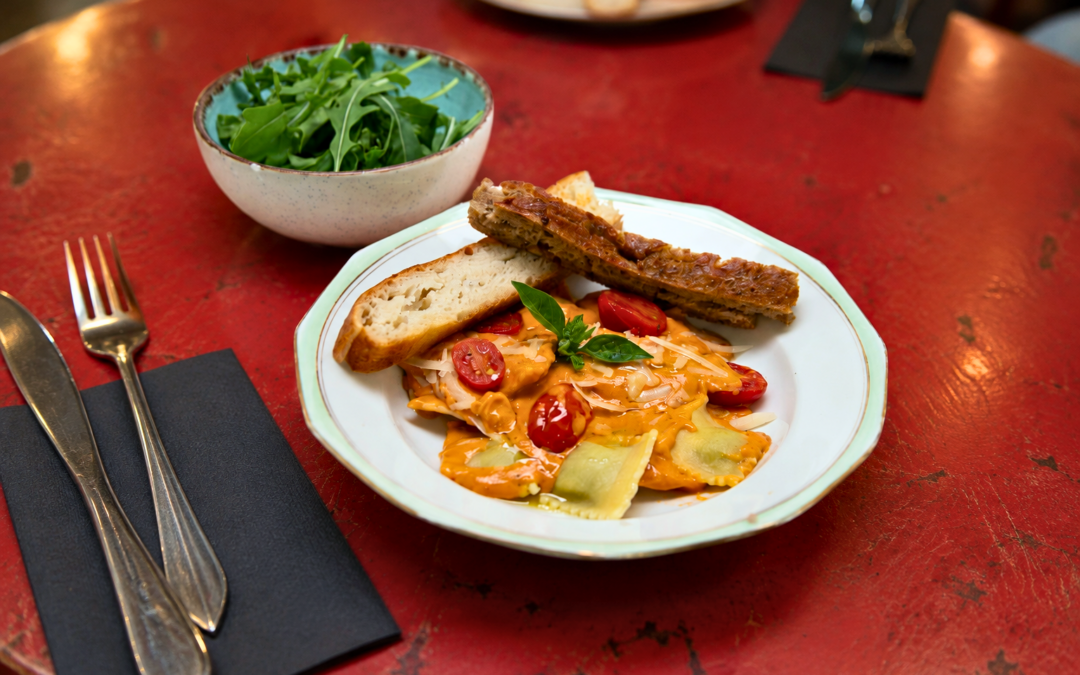 Ravioli Pesto Diabolique with Roasted Cherry Tomatoes