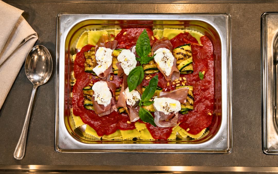 Ravioli Pesto with Courgette, Stracciatella and Prosciutto