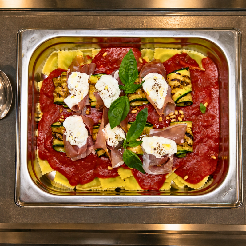 Ravioli Pesto met courgette, stracciatella en prosciutto