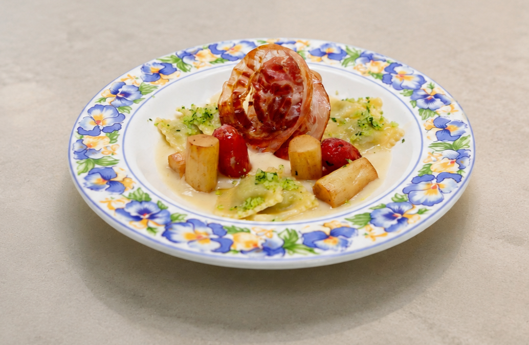 Ravioli Pesto with White Asparagus and Creamy Asparagus Sauce