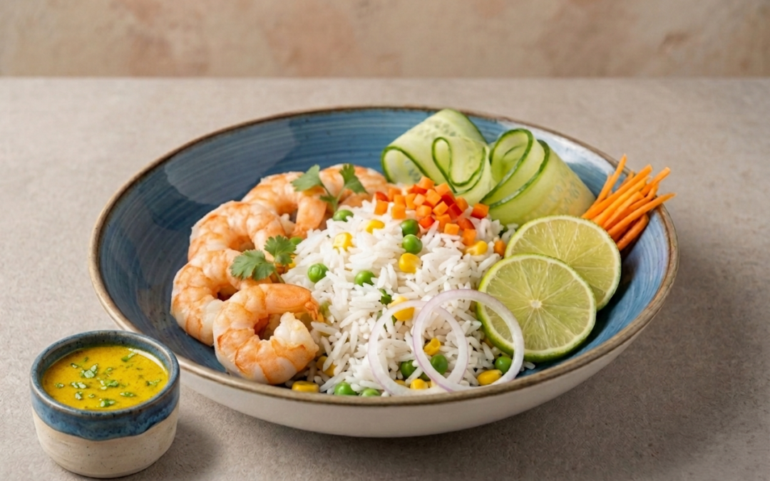 Salade de riz aux scampis et au curry