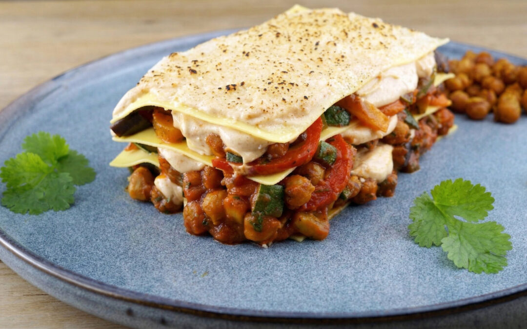 Vegetarian lasagna with grilled vegetables and chickpeas