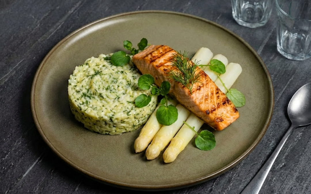 Saumon avec risotto à l’aneth et asperges