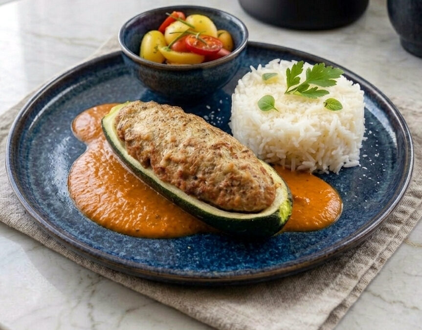 Courgette farcie (Zucchine ripiene) à la viande hachée et sauce tomate-mascarpone