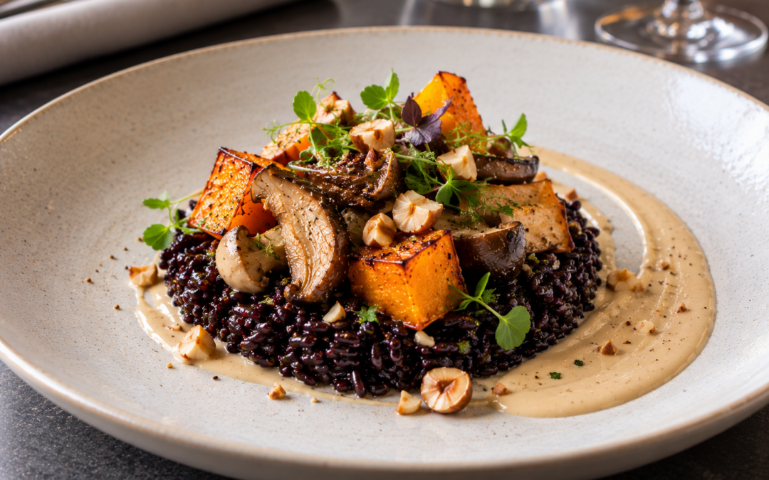 Black rice with roasted squash, mushrooms and a tahini sauce