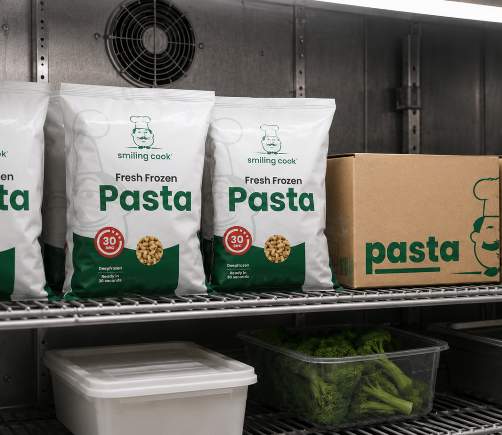 Vriesverse pasta in een professionele diepvries