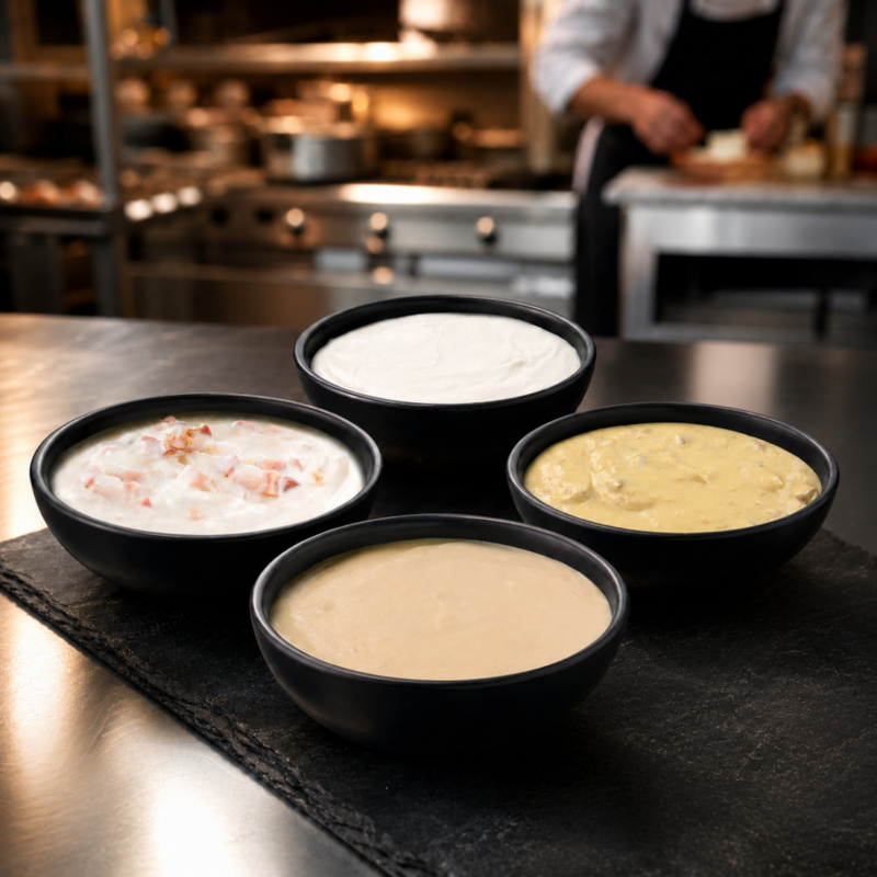 Assortiment kant-en-klare sauzen in een professionele keuken